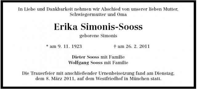 Simonis Erika 1923-2011 Todesanzeige